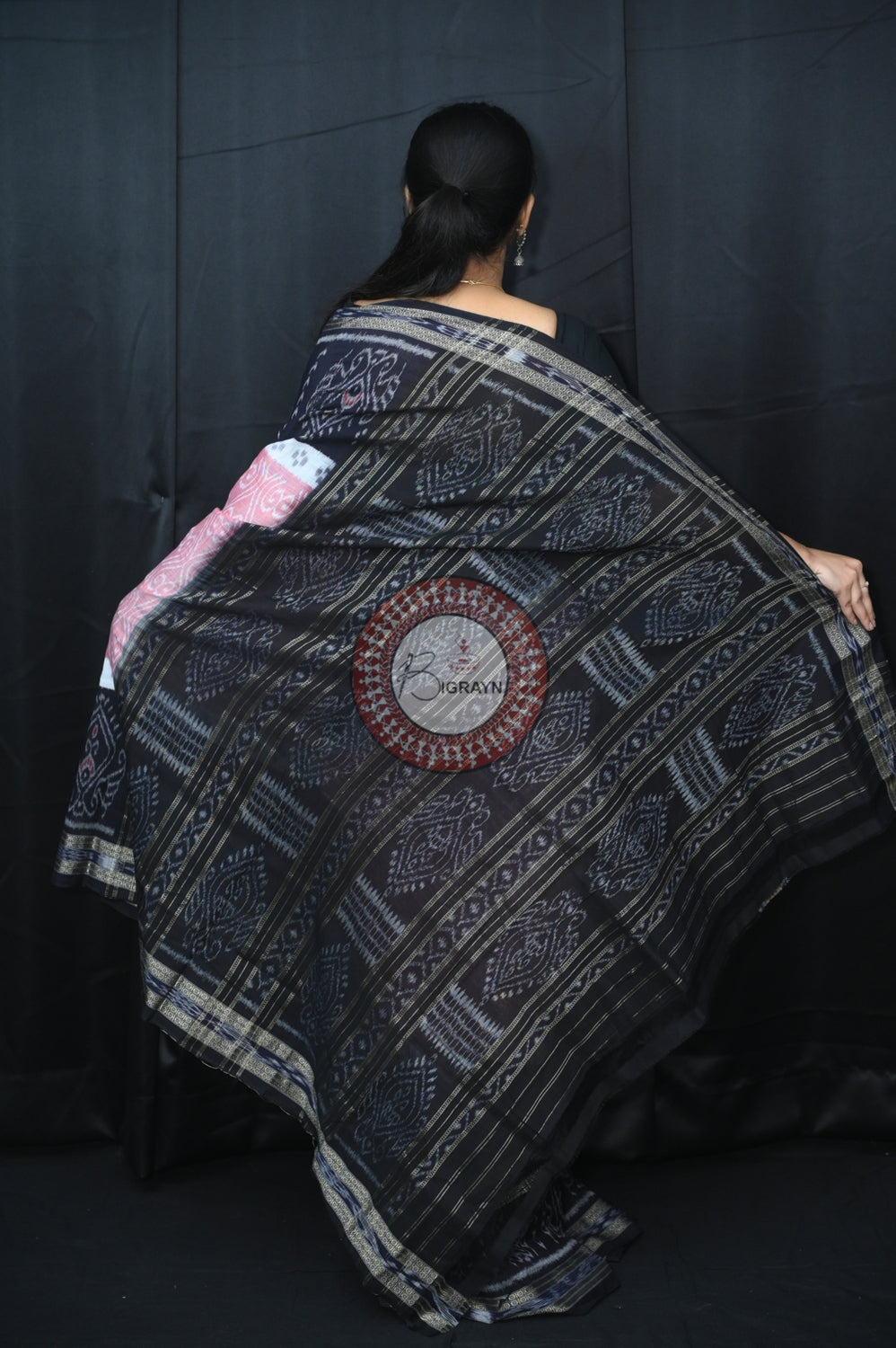 Pink Black 5D Khandua Cotton Saree