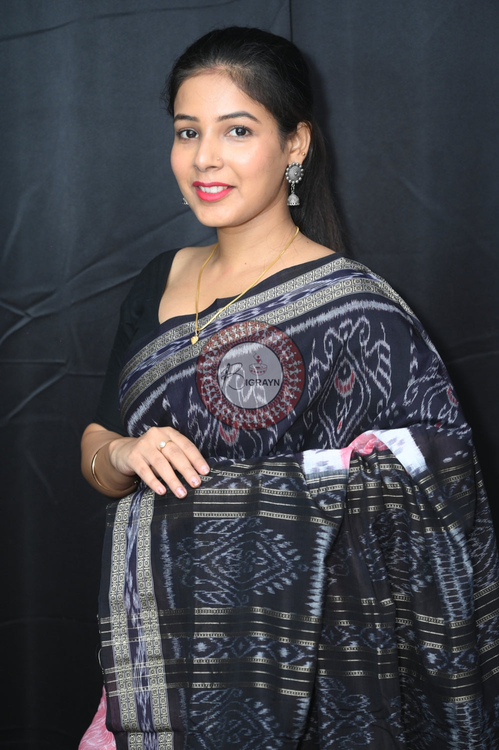Pink Black 5D Khandua Cotton Saree
