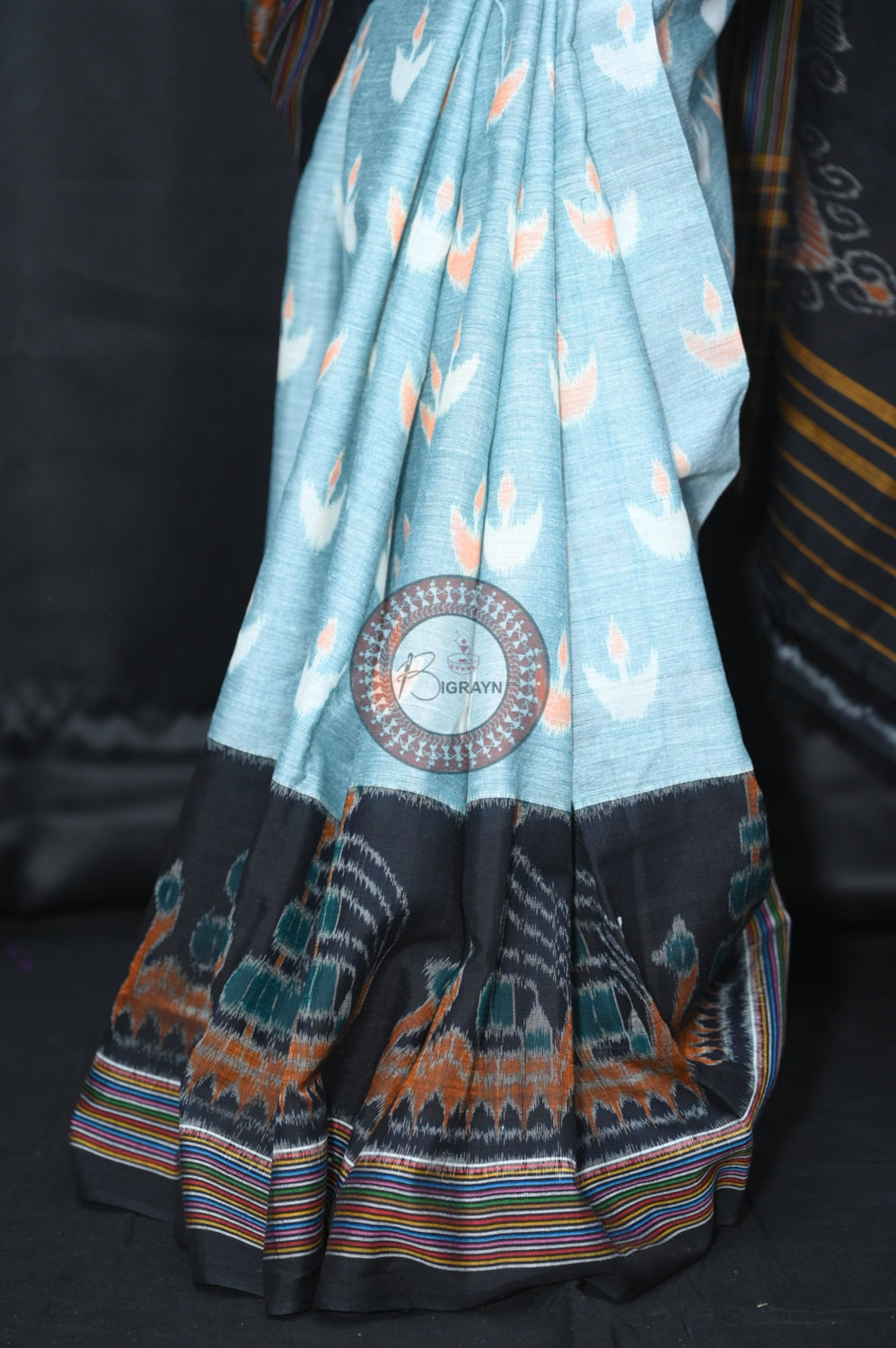 Pista Black Boita Khandua Cotton Saree
