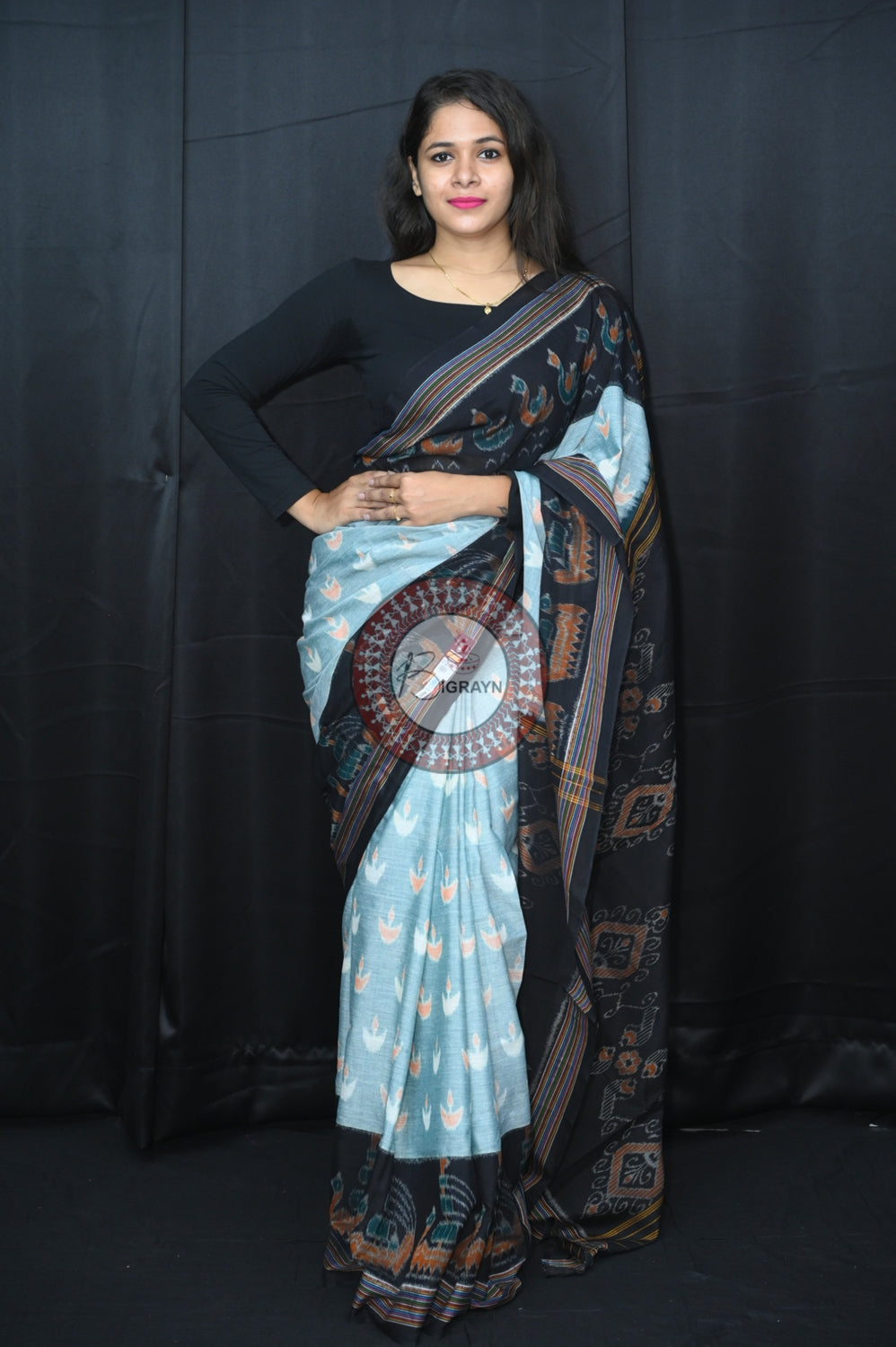 Pista Black Boita Khandua Cotton Saree