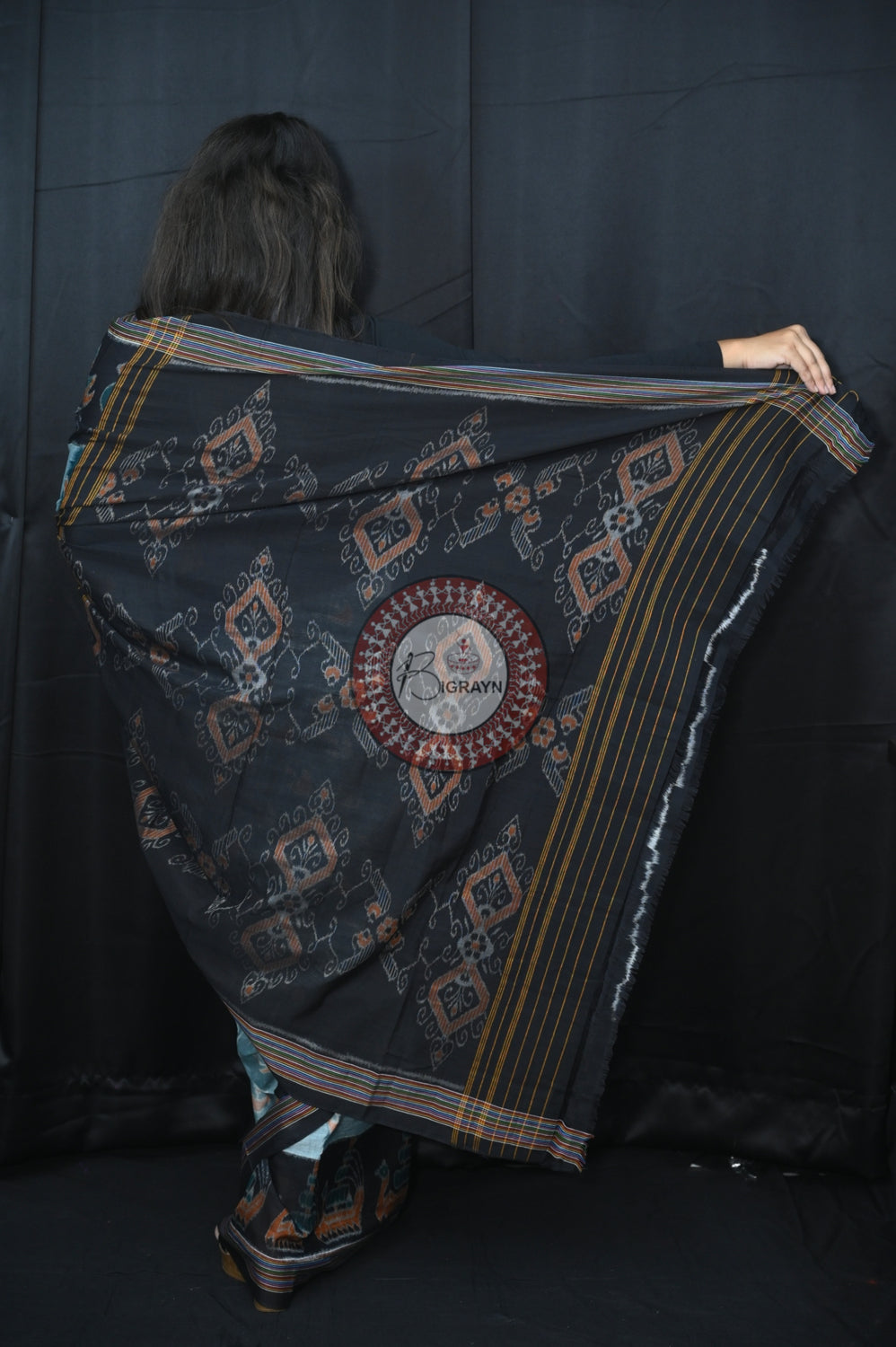 Pista Black Boita Khandua Cotton Saree