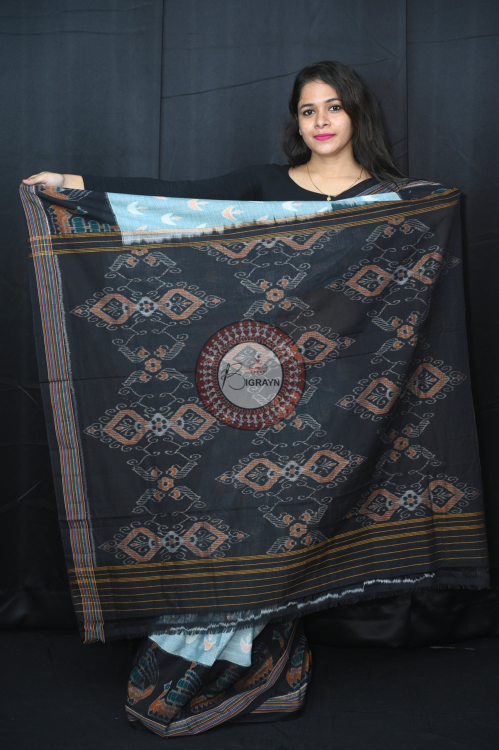 Pista Black Boita Khandua Cotton Saree