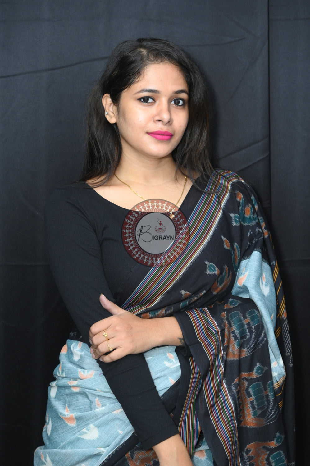 Pista Black Boita Khandua Cotton Saree