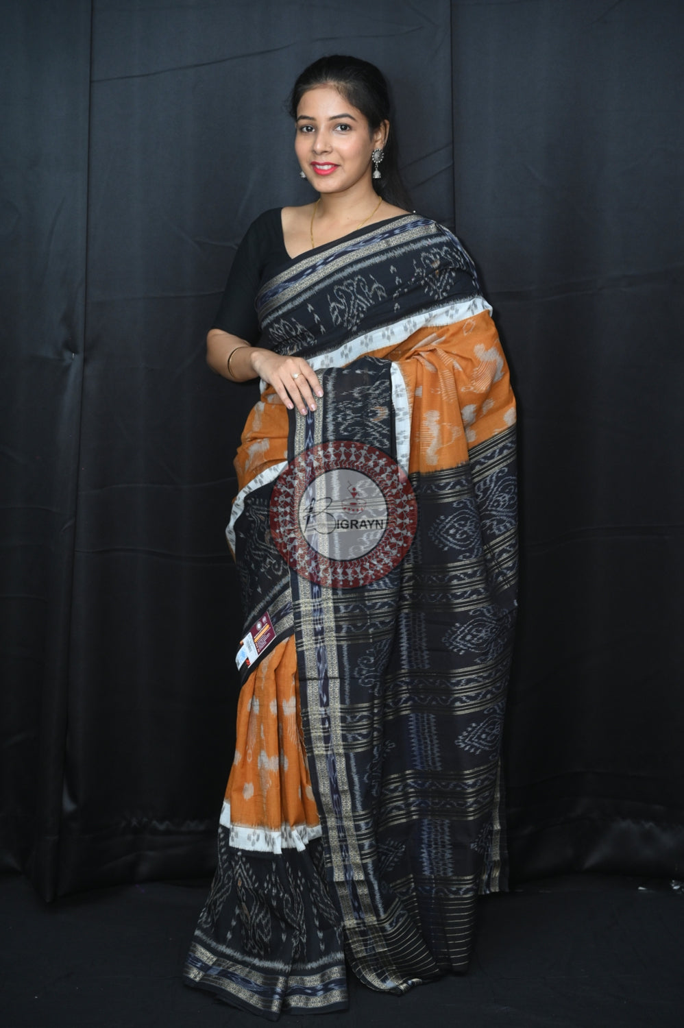 Light Brown Black 5D Khandua Cotton Saree