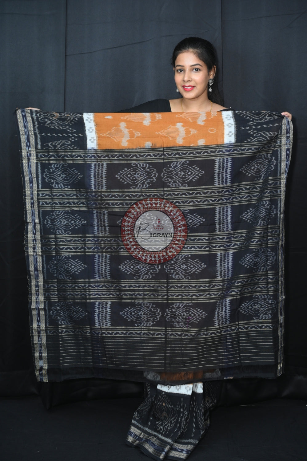 Light Brown Black 5D Khandua Cotton Saree