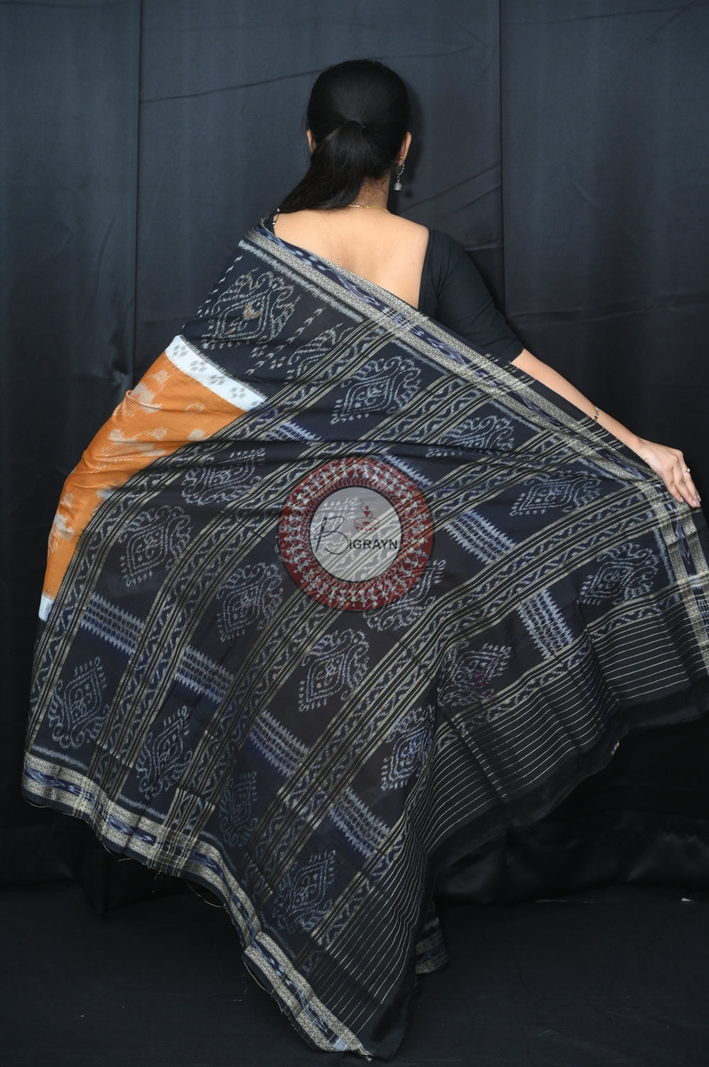 Light Brown Black 5D Khandua Cotton Saree