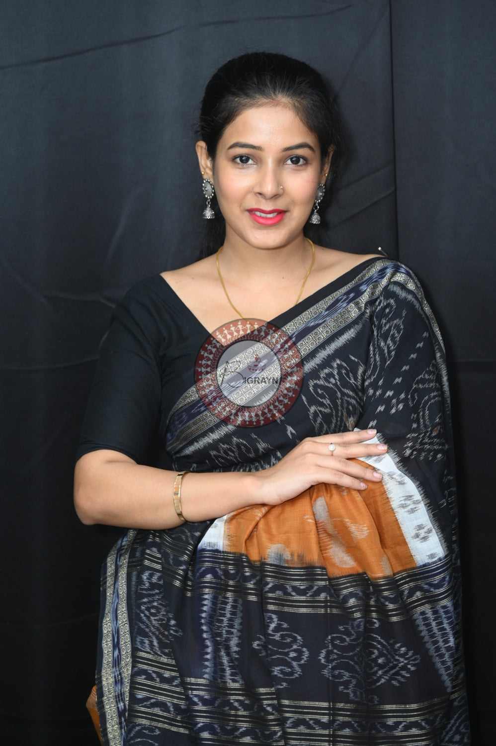 Light Brown Black 5D Khandua Cotton Saree