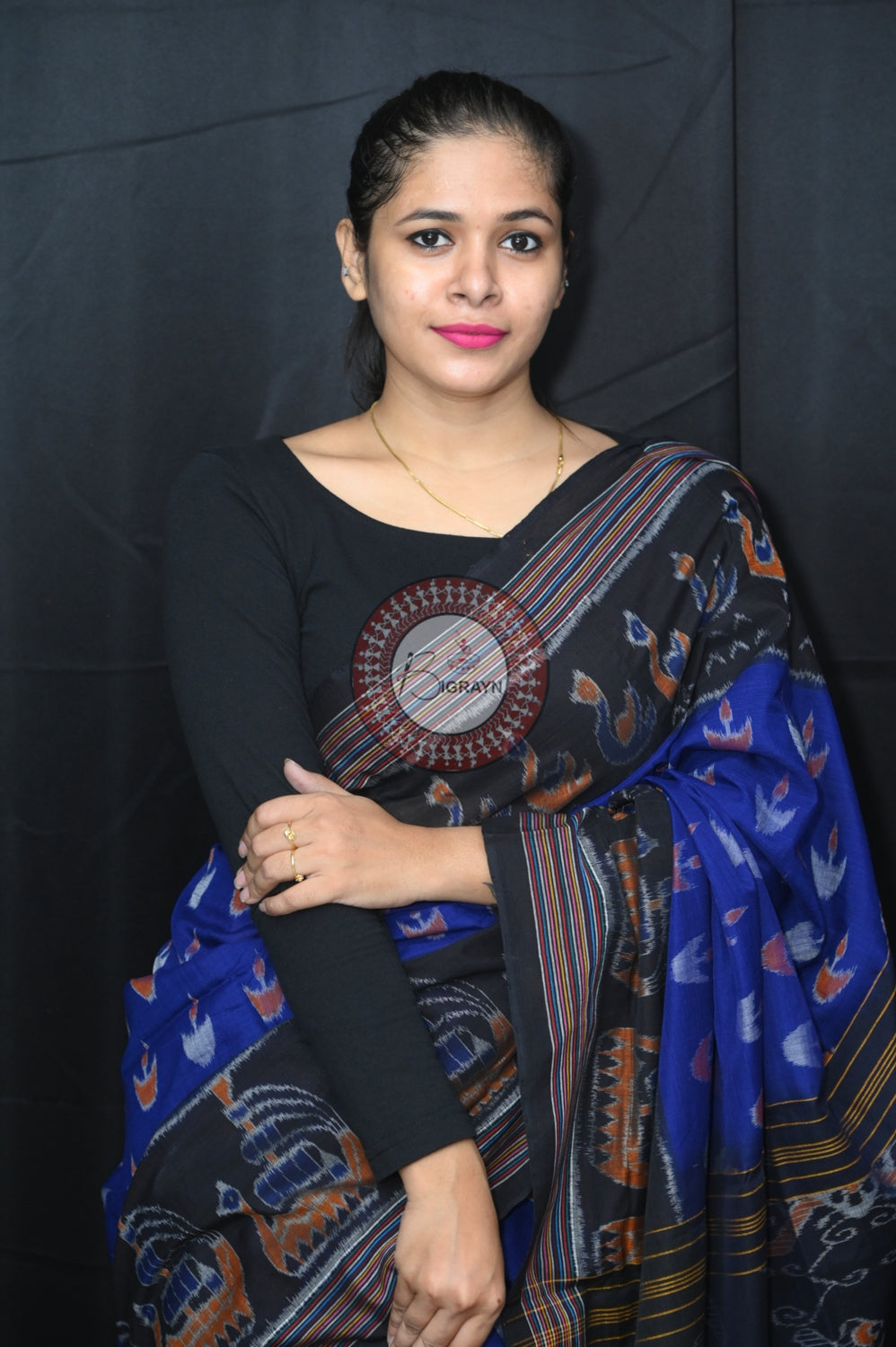 Navy Blue Black Boita Khandua Cotton Saree