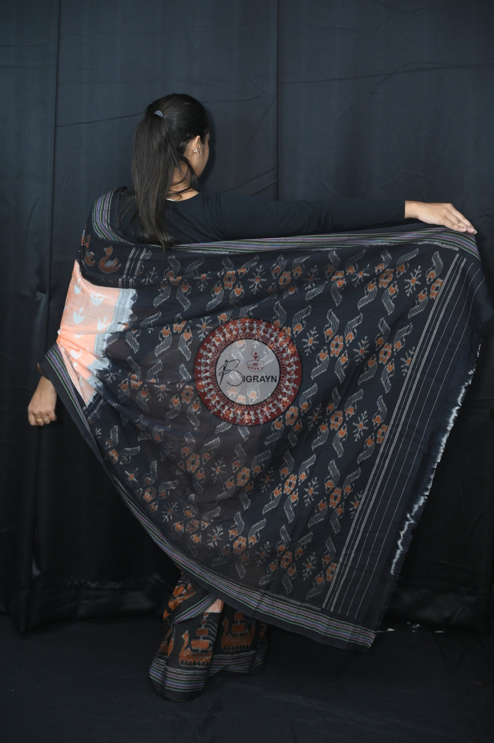 Peach Black Boita Khandua Cotton Saree