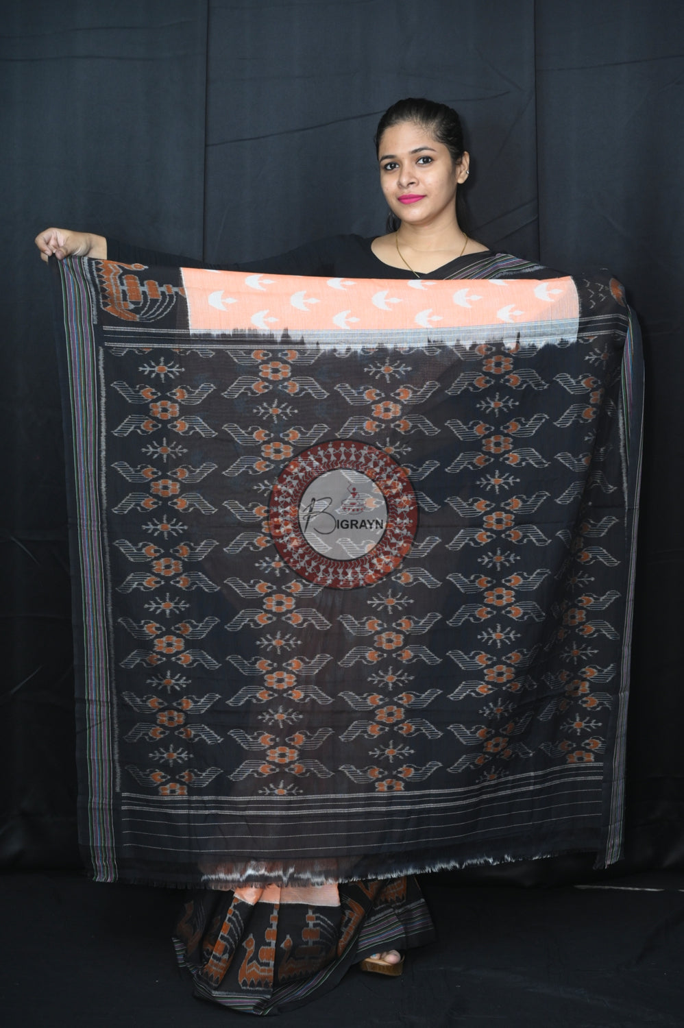Peach Black Boita Khandua Cotton Saree