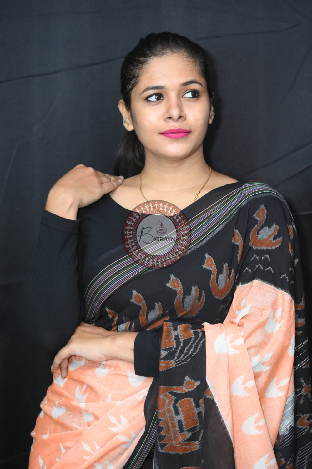 Peach Black Boita Khandua Cotton Saree