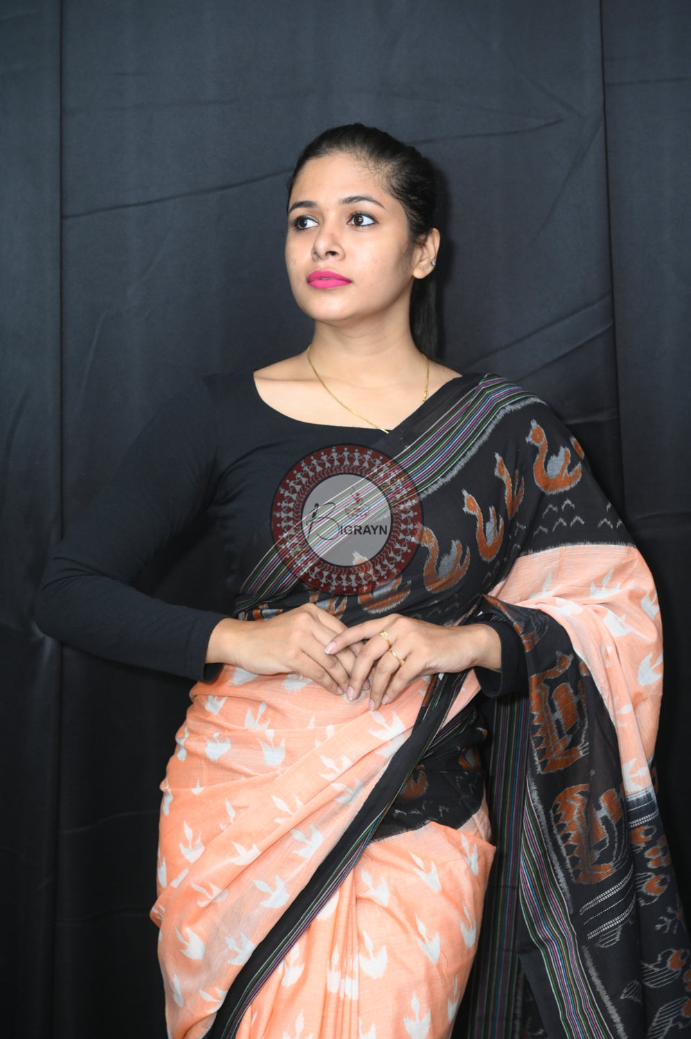 Peach Black Boita Khandua Cotton Saree