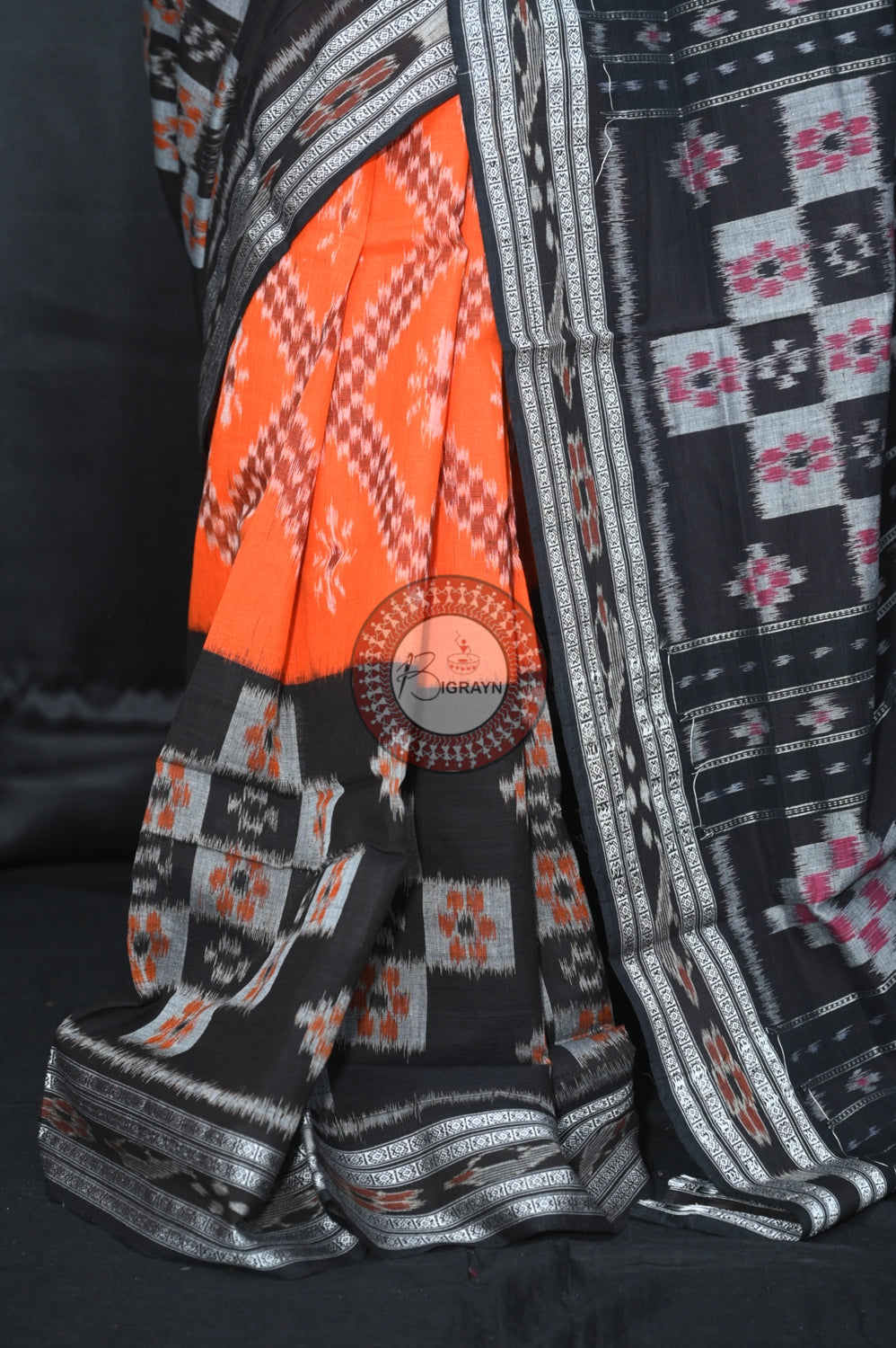 Orange Black Pasapali 5D Khandua Cotton Saree