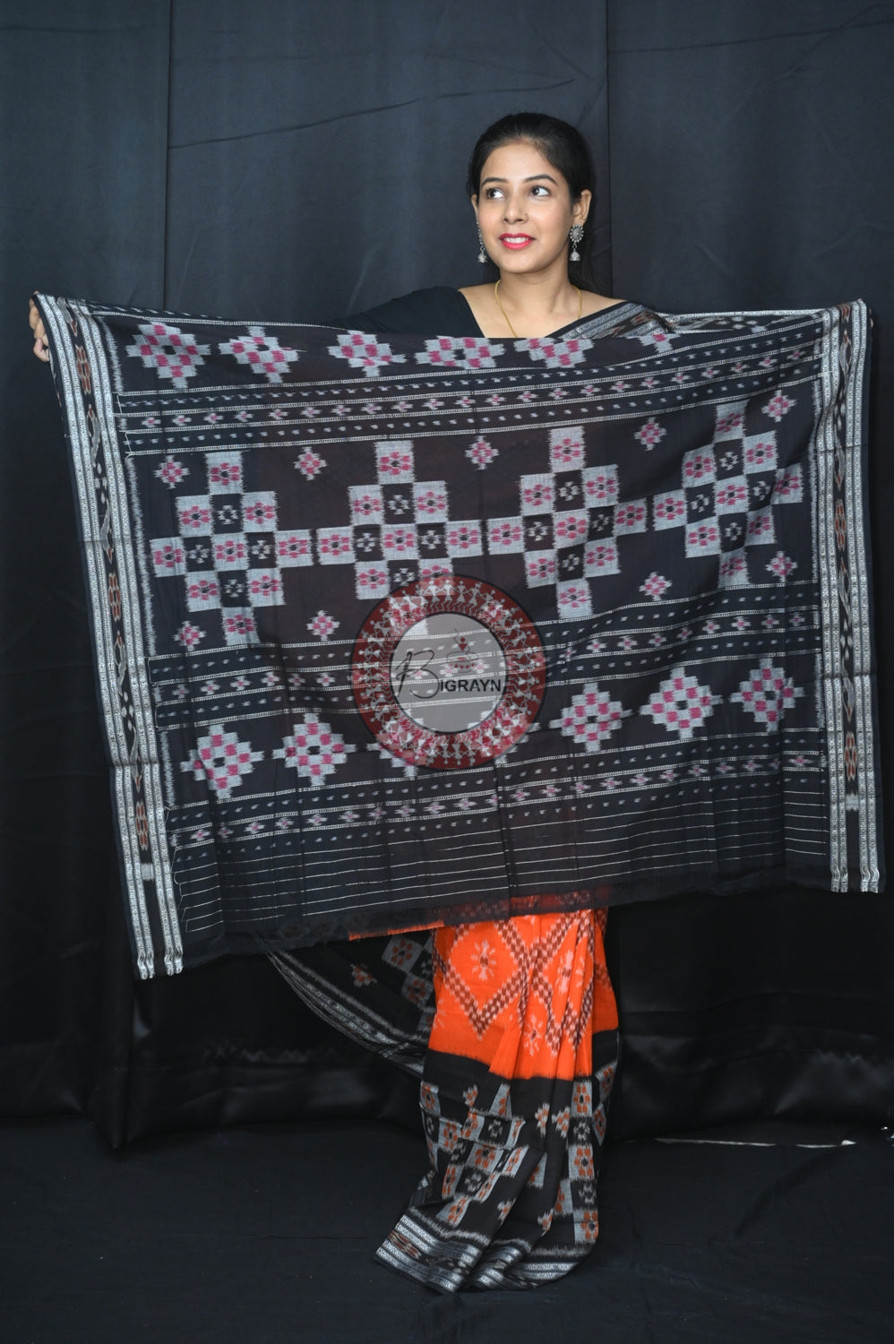 Orange Black Pasapali 5D Khandua Cotton Saree