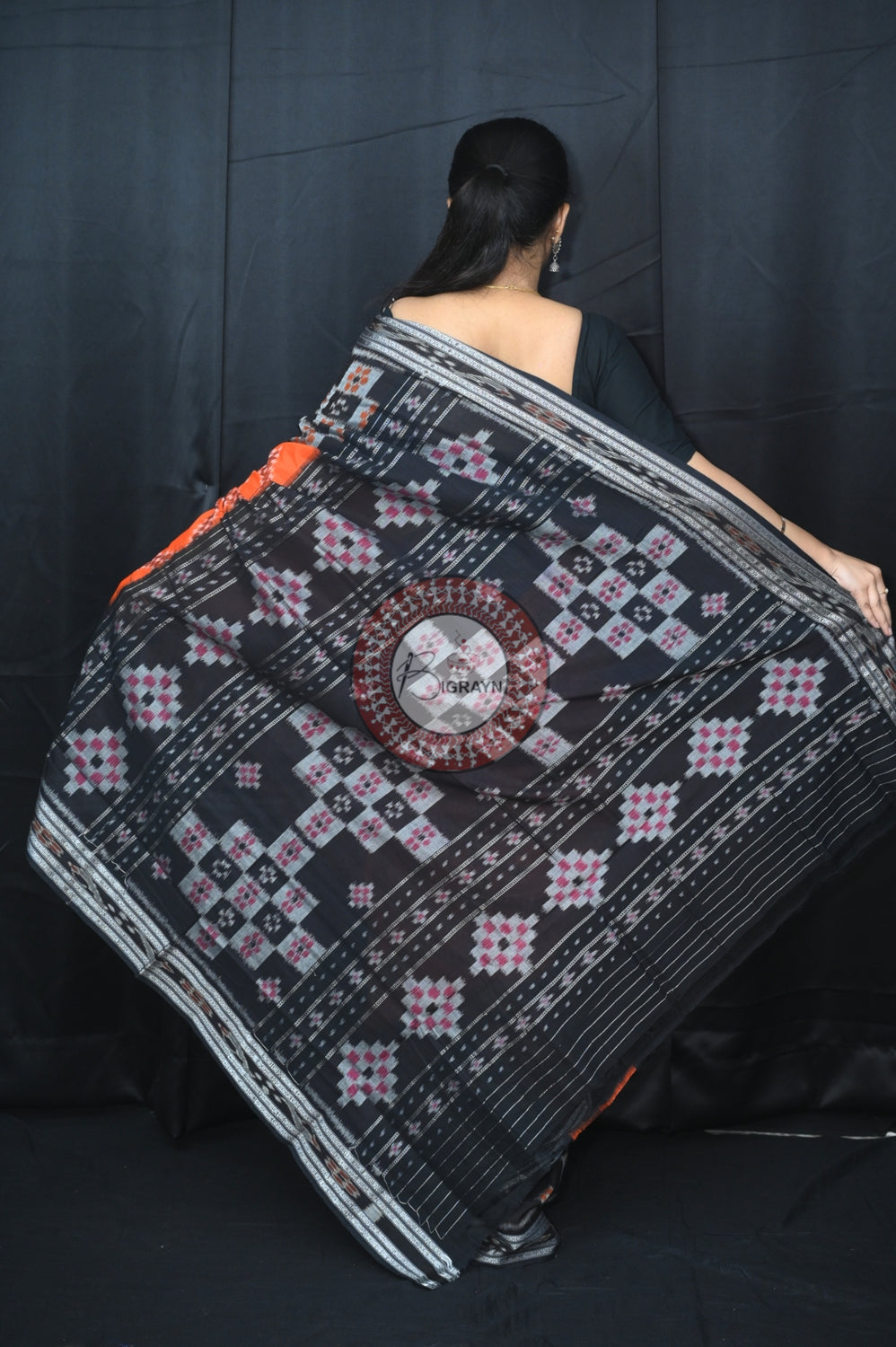 Orange Black Pasapali 5D Khandua Cotton Saree
