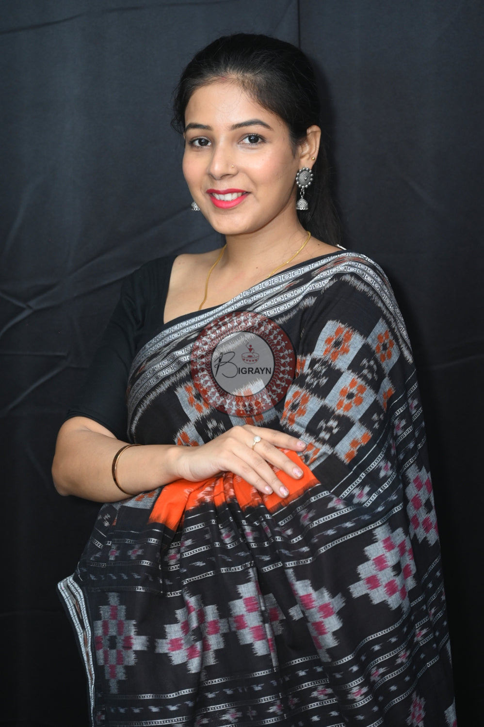 Orange Black Pasapali 5D Khandua Cotton Saree