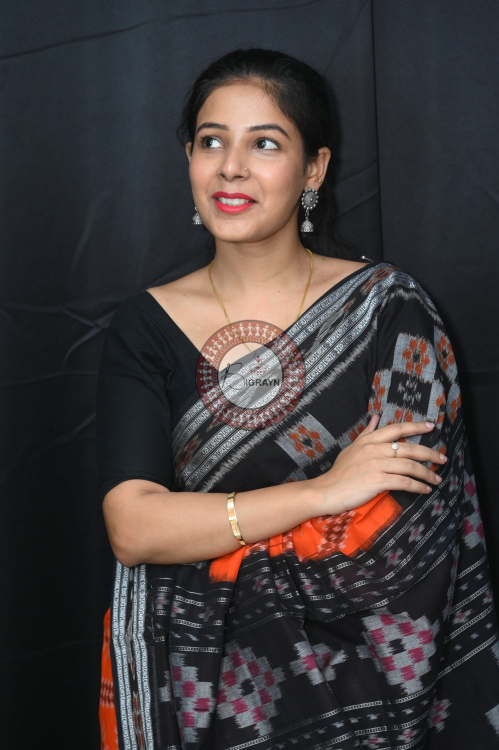 Orange Black Pasapali 5D Khandua Cotton Saree