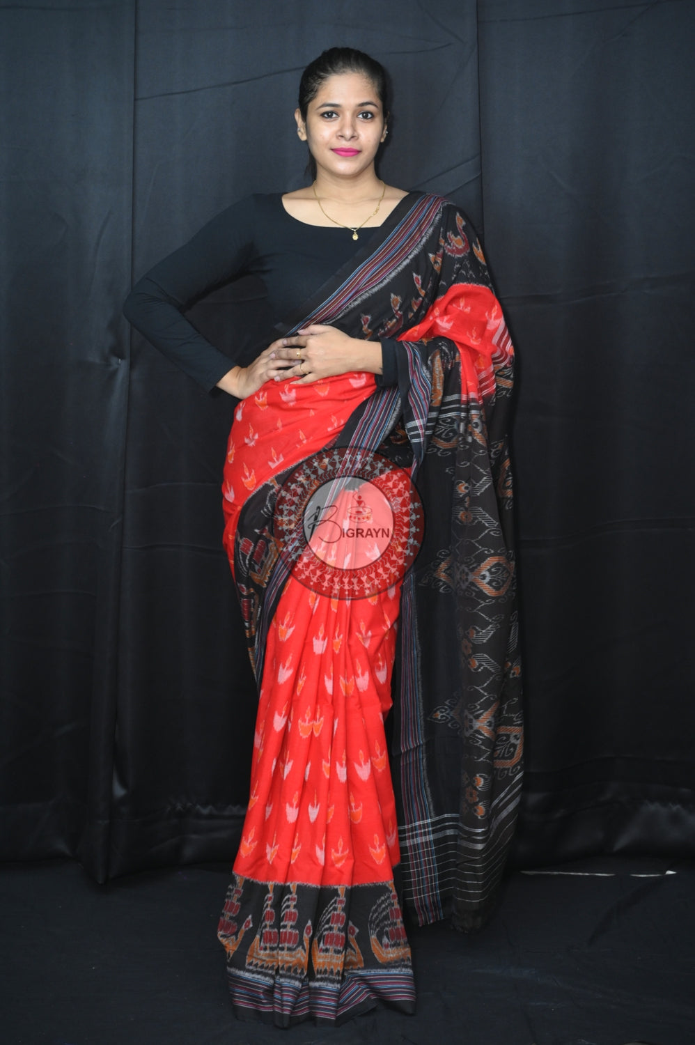Red Black Boita Khandua Cotton Saree