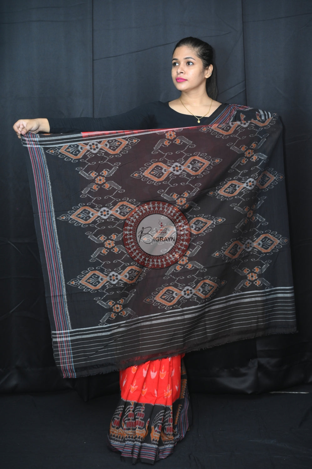 Red Black Boita Khandua Cotton Saree