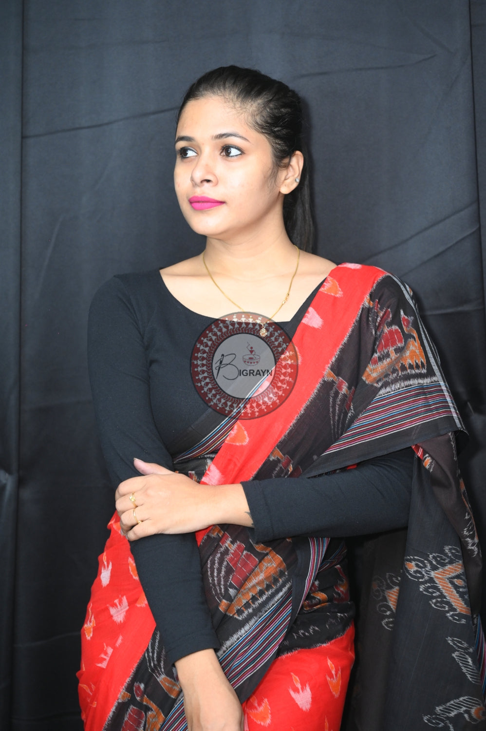 Red Black Boita Khandua Cotton Saree