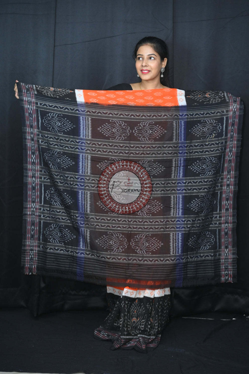 Orange White Black 5D Khandua Cotton Saree