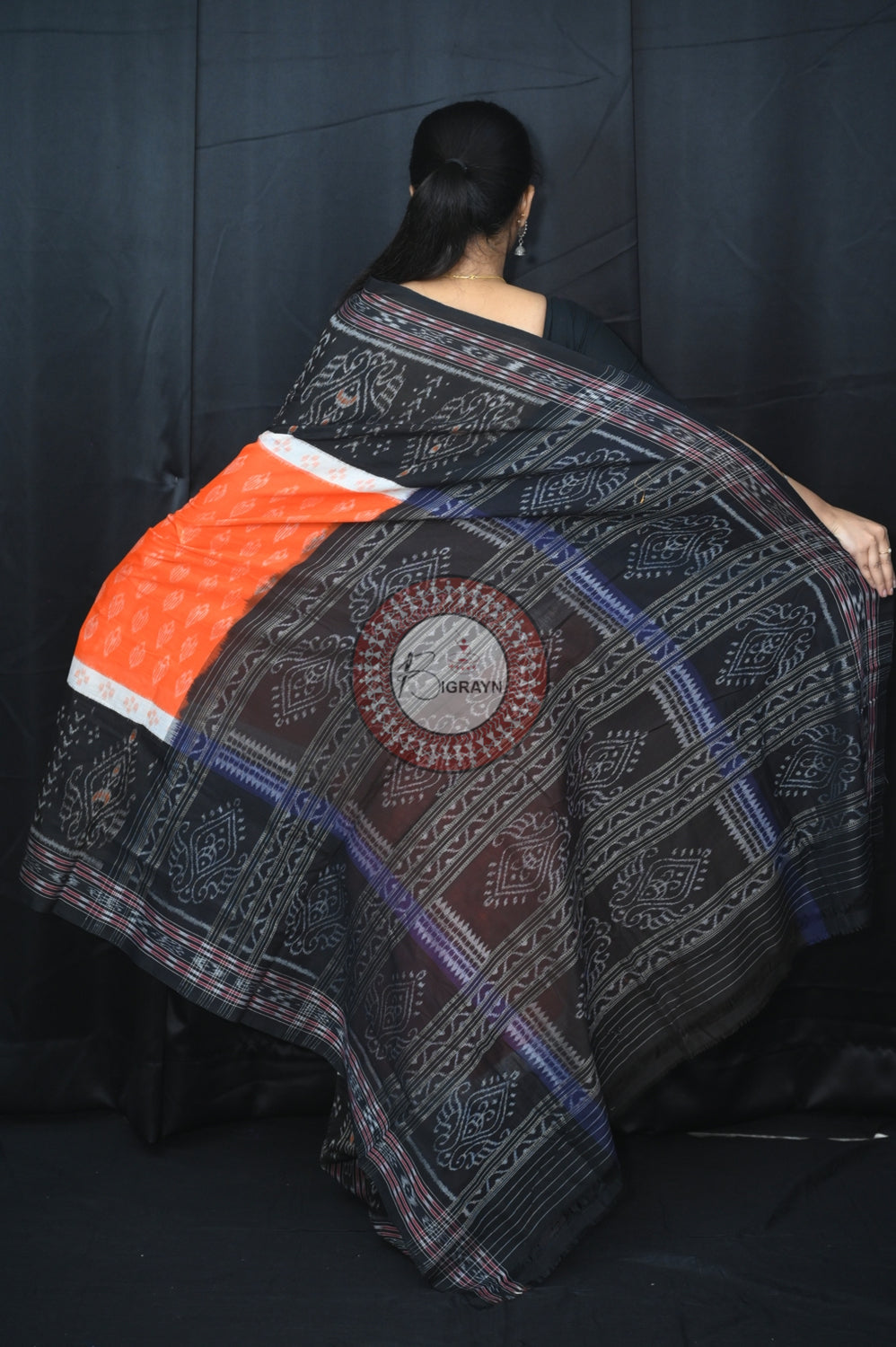 Orange White Black 5D Khandua Cotton Saree