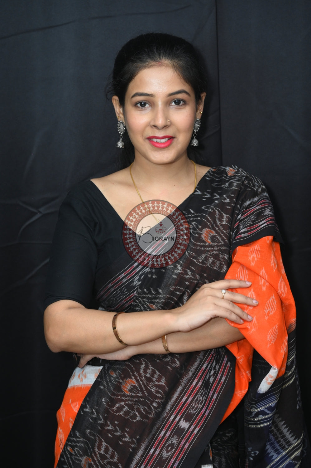 Orange White Black 5D Khandua Cotton Saree