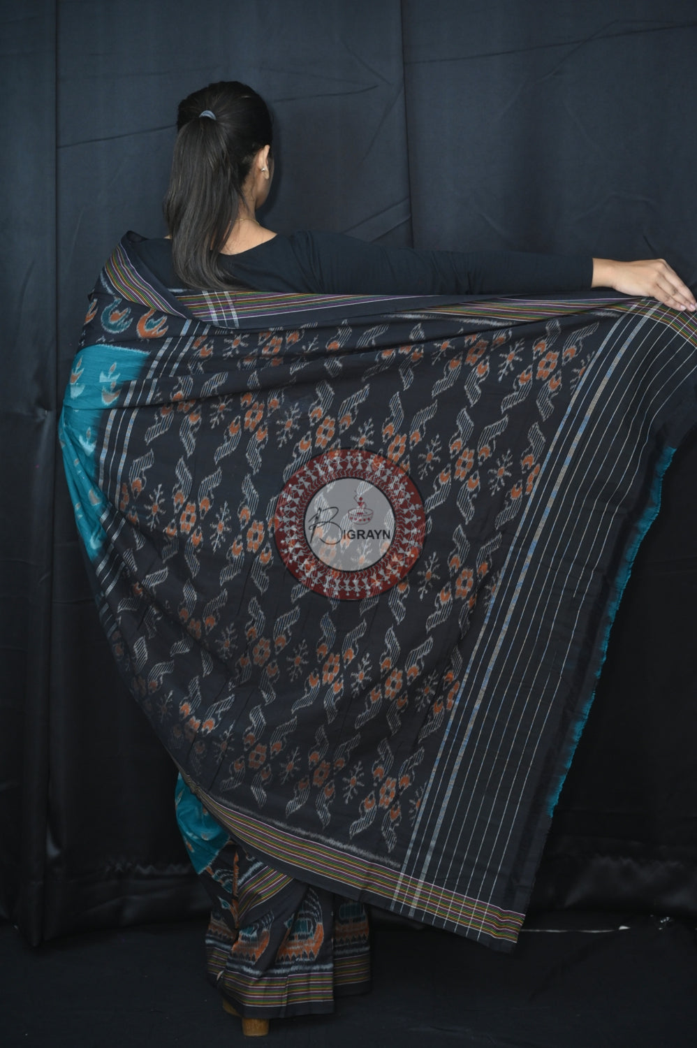 Teal Blue Black Boita Khandua Cotton Saree