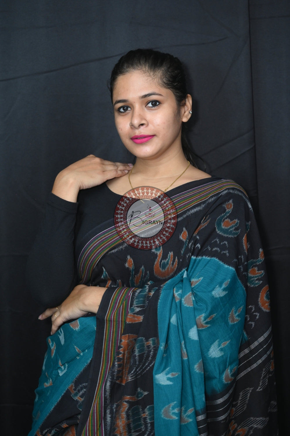 Teal Blue Black Boita Khandua Cotton Saree
