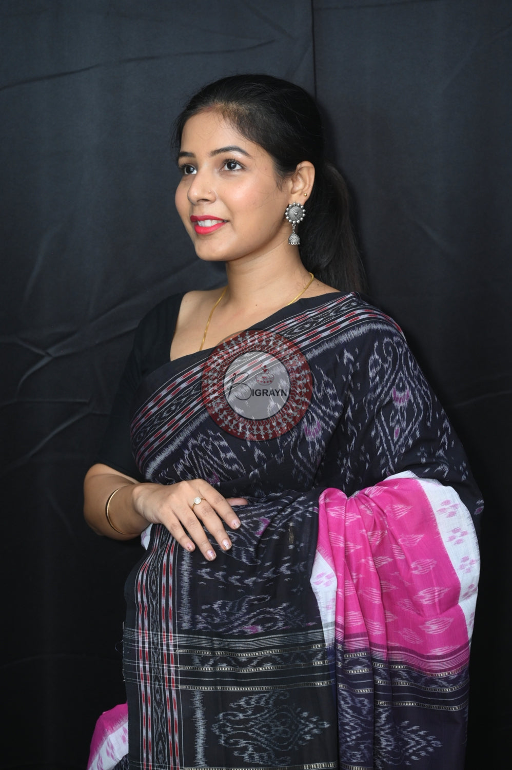 Purple White Black 5D Khandua Cotton Saree