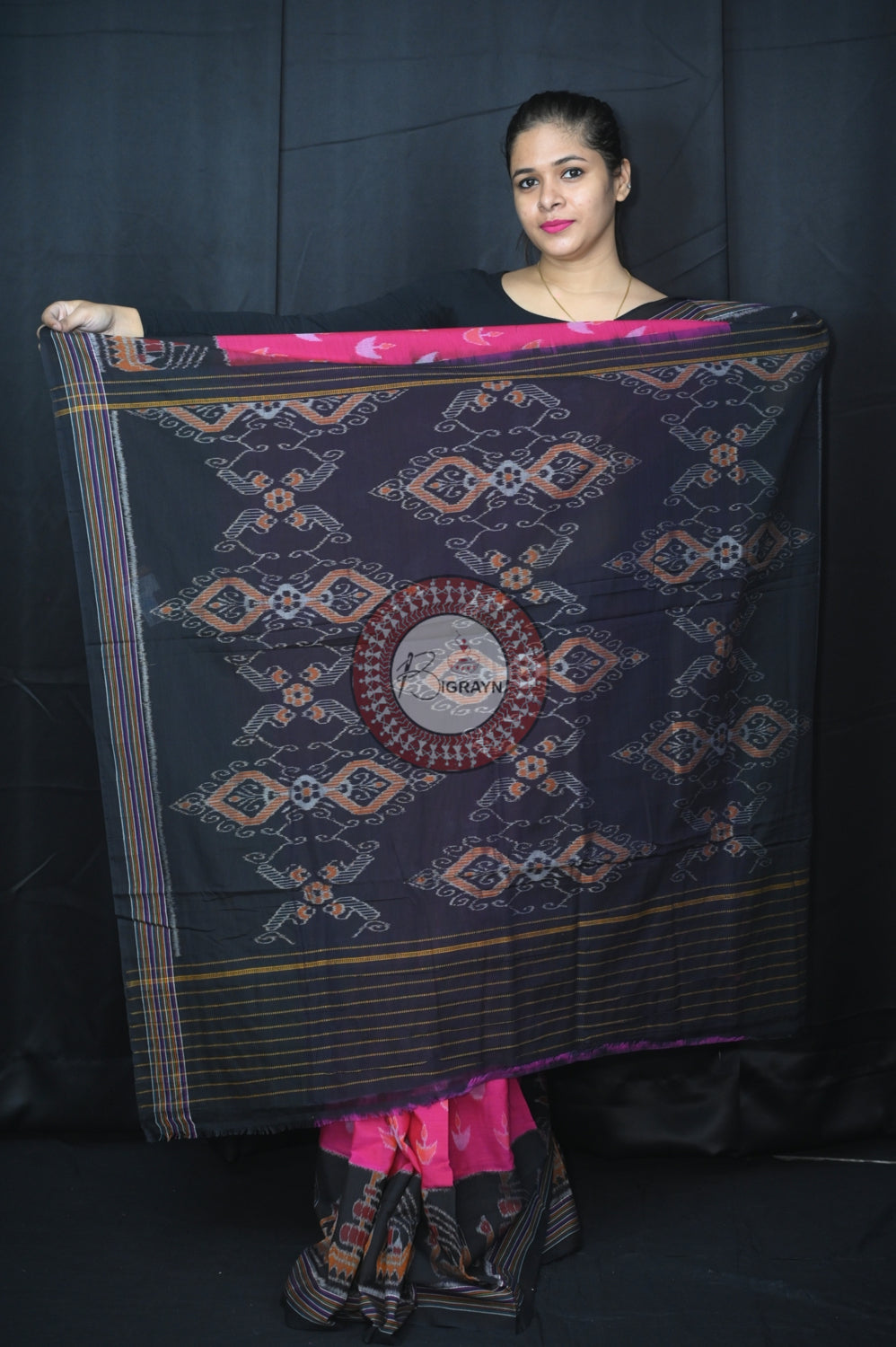 Pink Black Boita Khandua Cotton Saree
