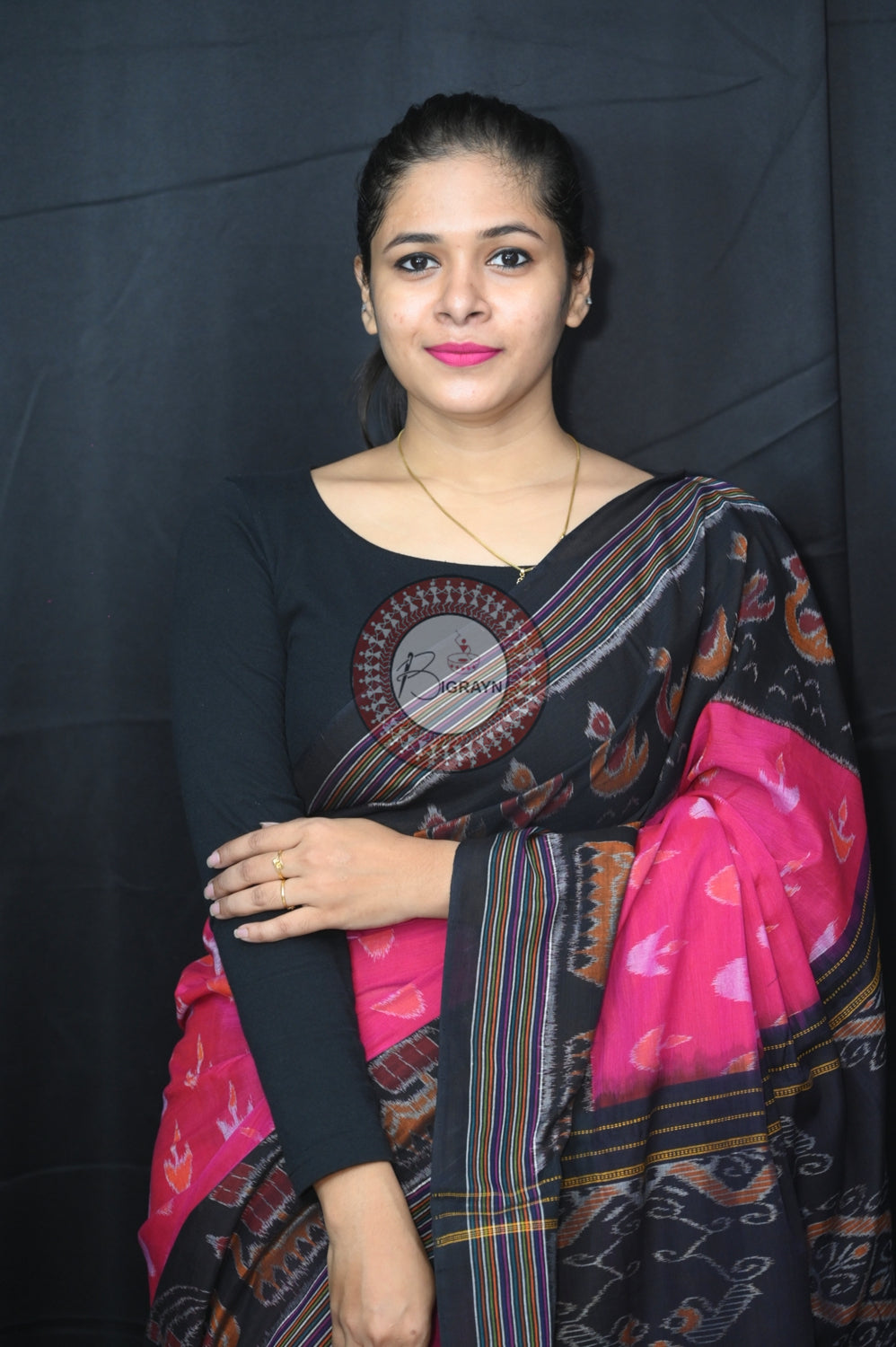 Pink Black Boita Khandua Cotton Saree