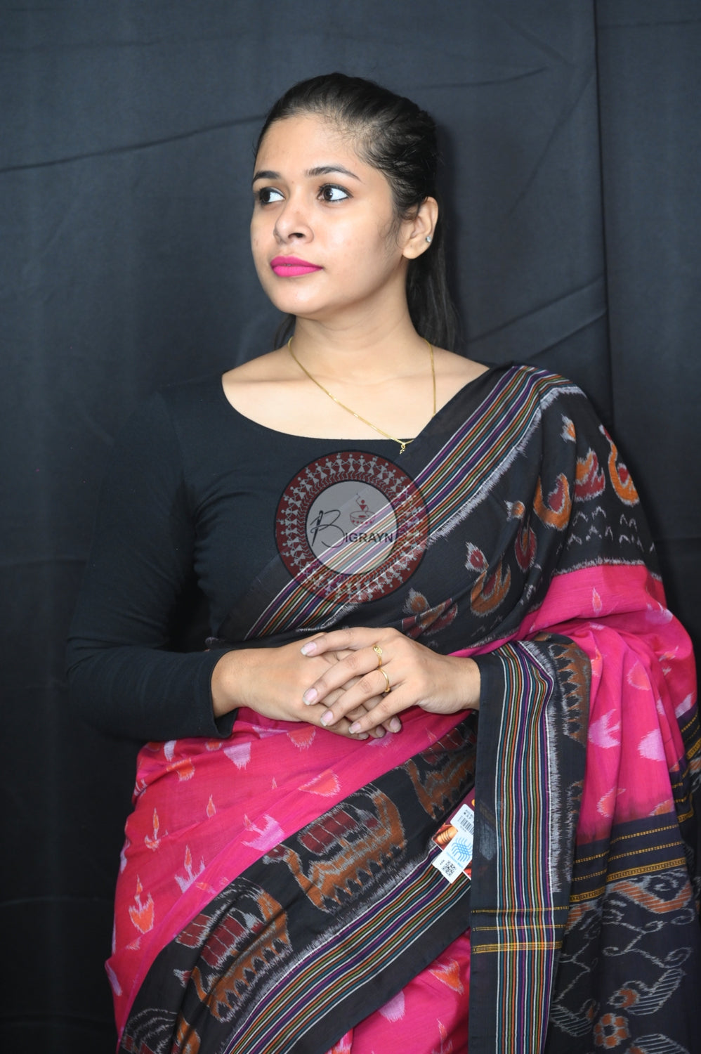 Pink Black Boita Khandua Cotton Saree