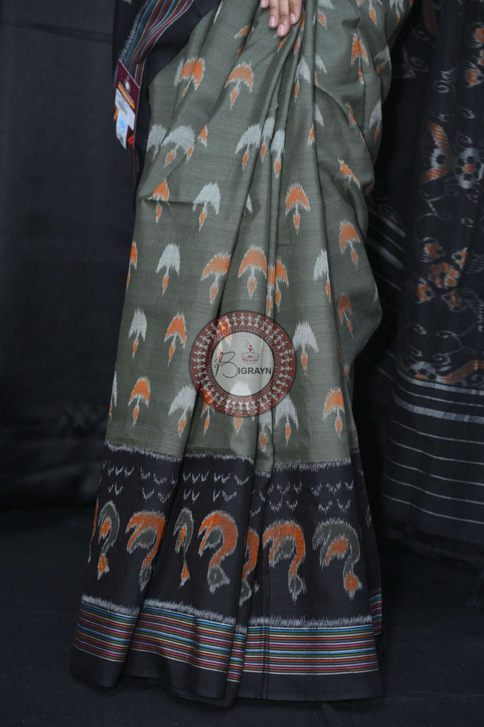 Mehndi Black Boita Khandua Cotton Saree