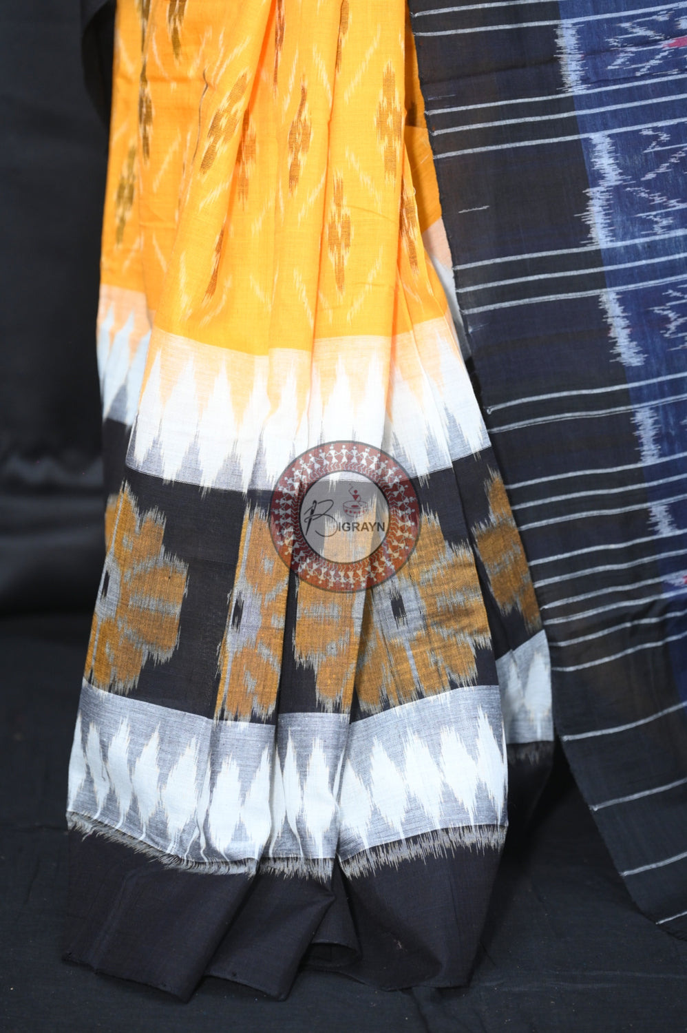Yellow White Black 7D Khandua Cotton Saree