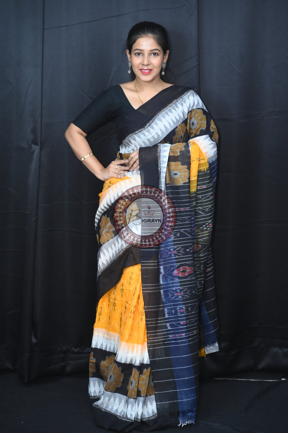 Yellow White Black 7D Khandua Cotton Saree