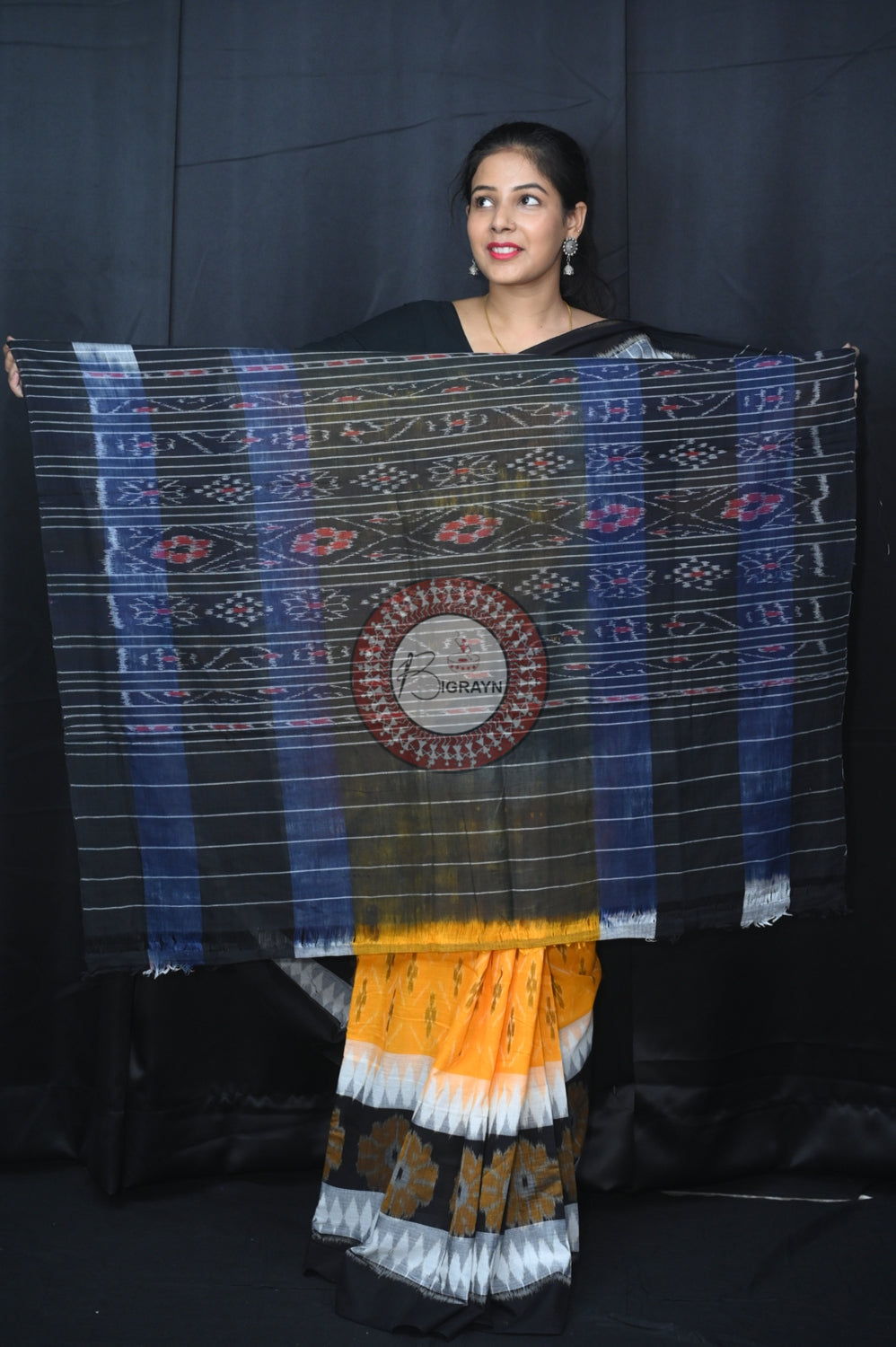 Yellow White Black 7D Khandua Cotton Saree