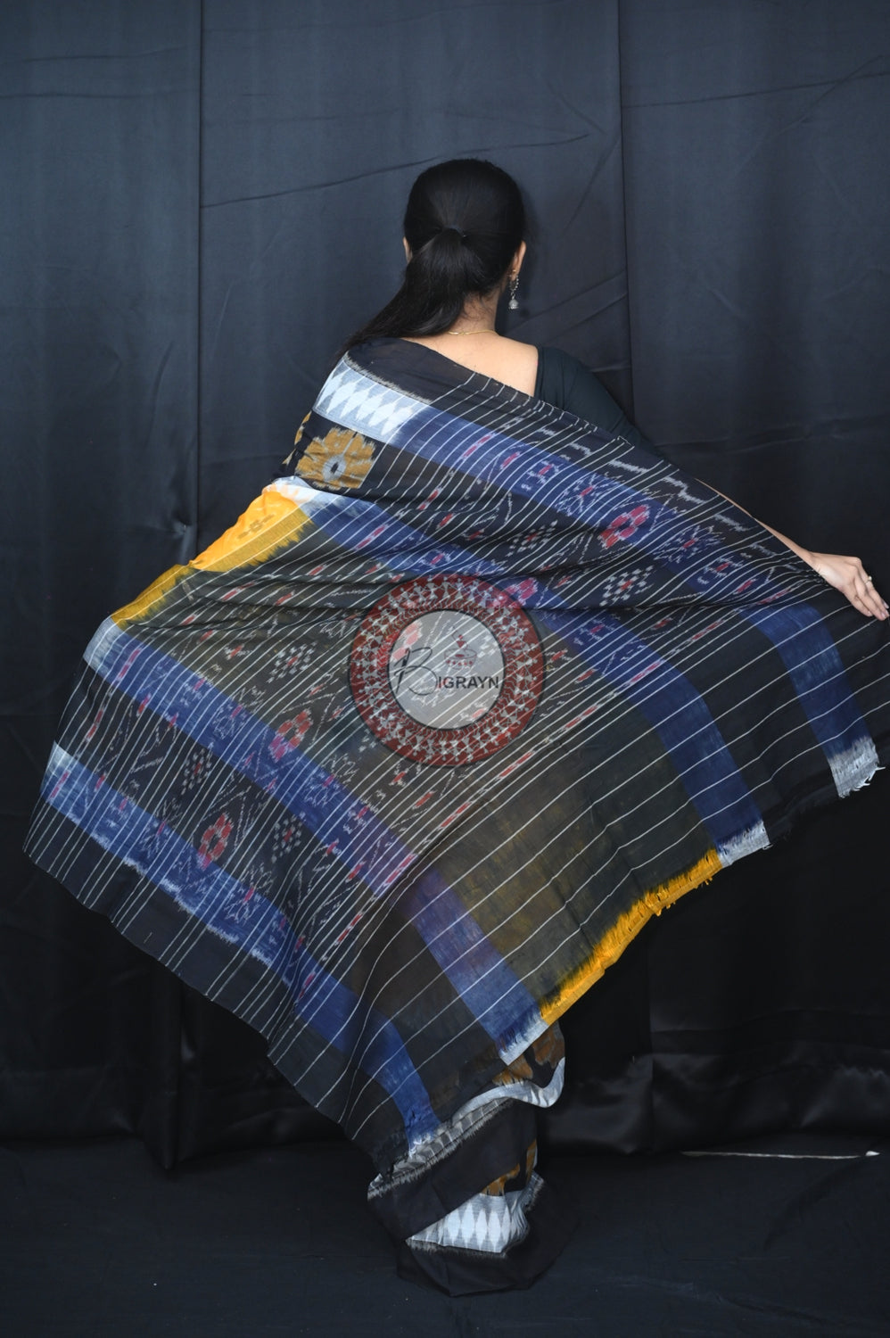 Yellow White Black 7D Khandua Cotton Saree