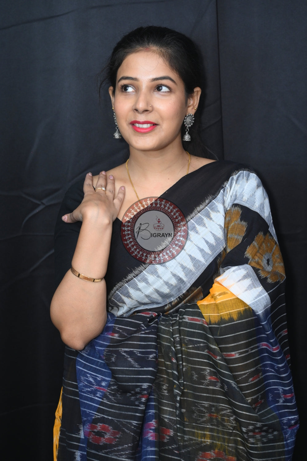 Yellow White Black 7D Khandua Cotton Saree