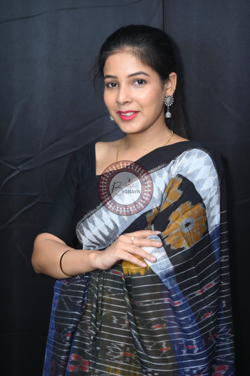 Yellow White Black 7D Khandua Cotton Saree