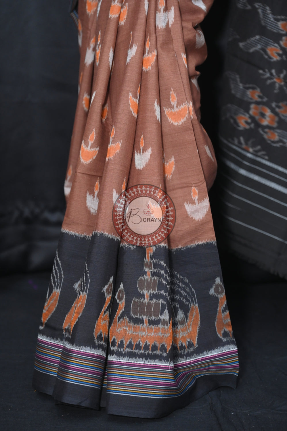 Chocolate Brown Black Boita Khandua Cotton Saree