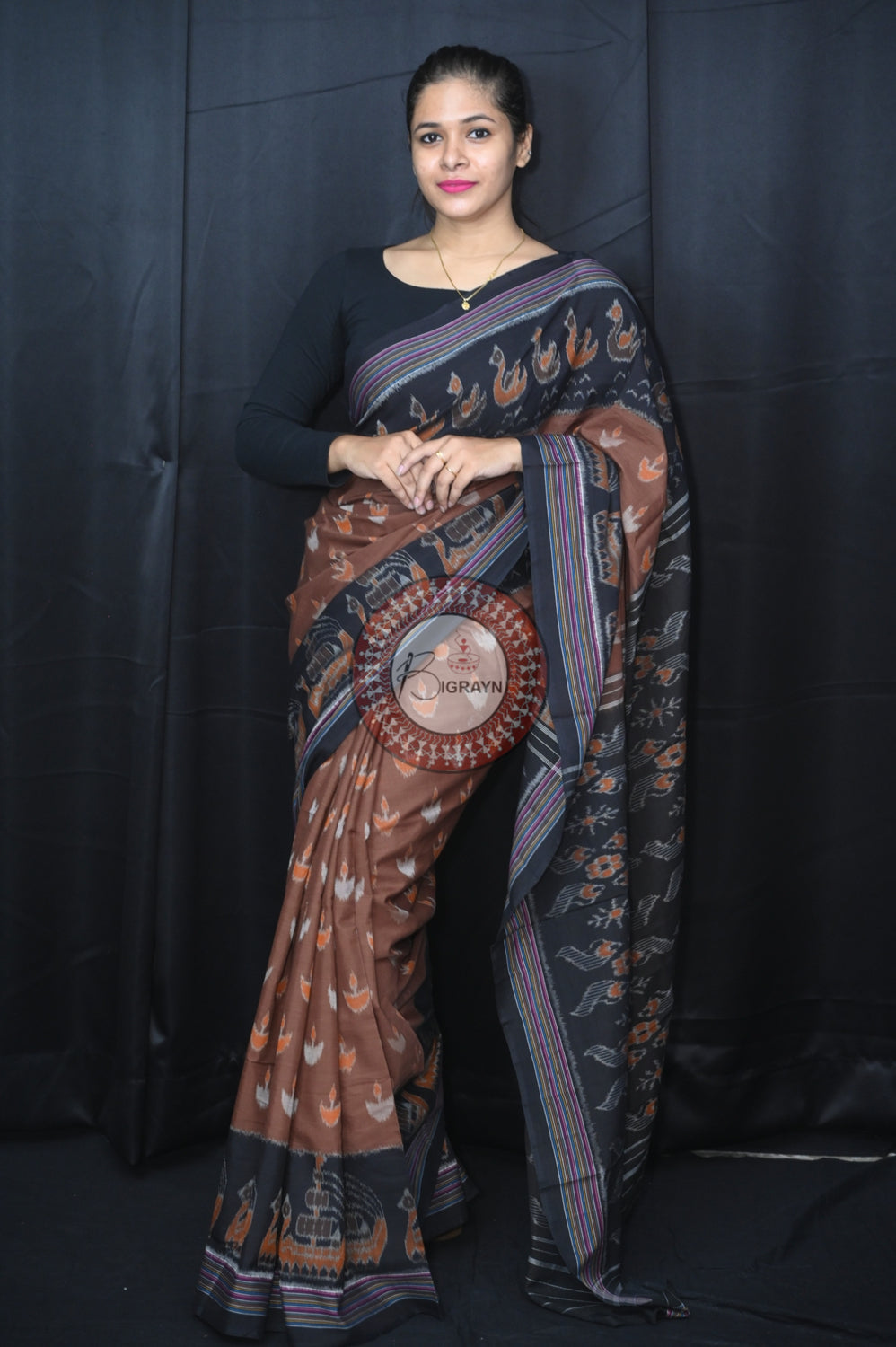 Chocolate Brown Black Boita Khandua Cotton Saree