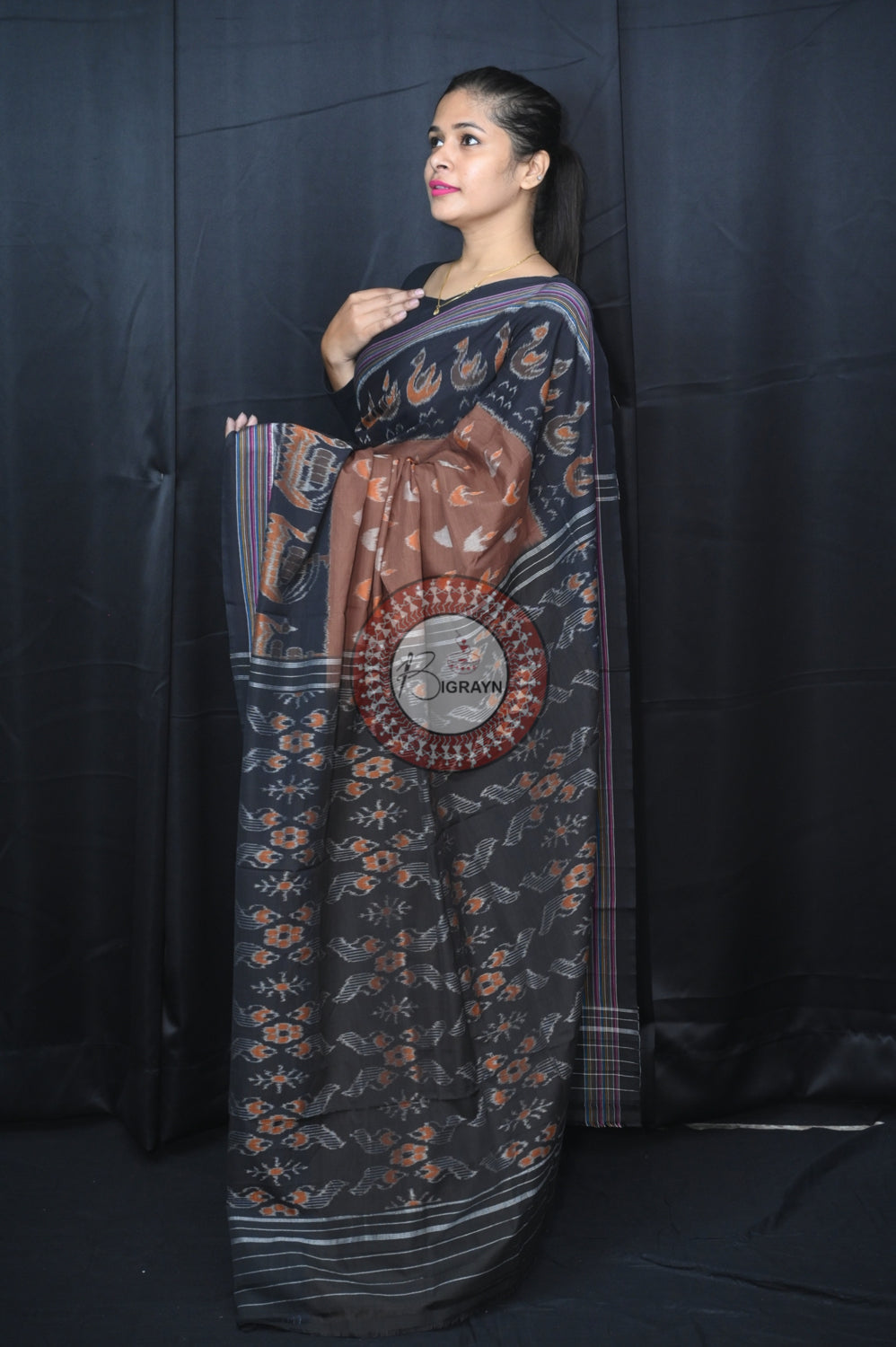 Chocolate Brown Black Boita Khandua Cotton Saree