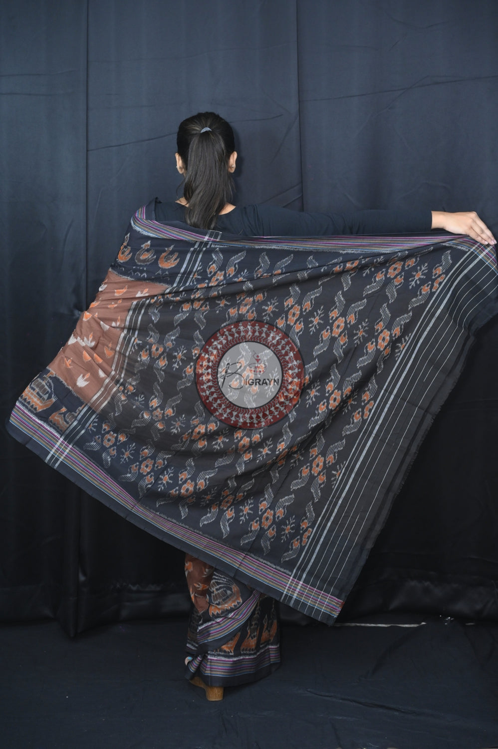 Chocolate Brown Black Boita Khandua Cotton Saree