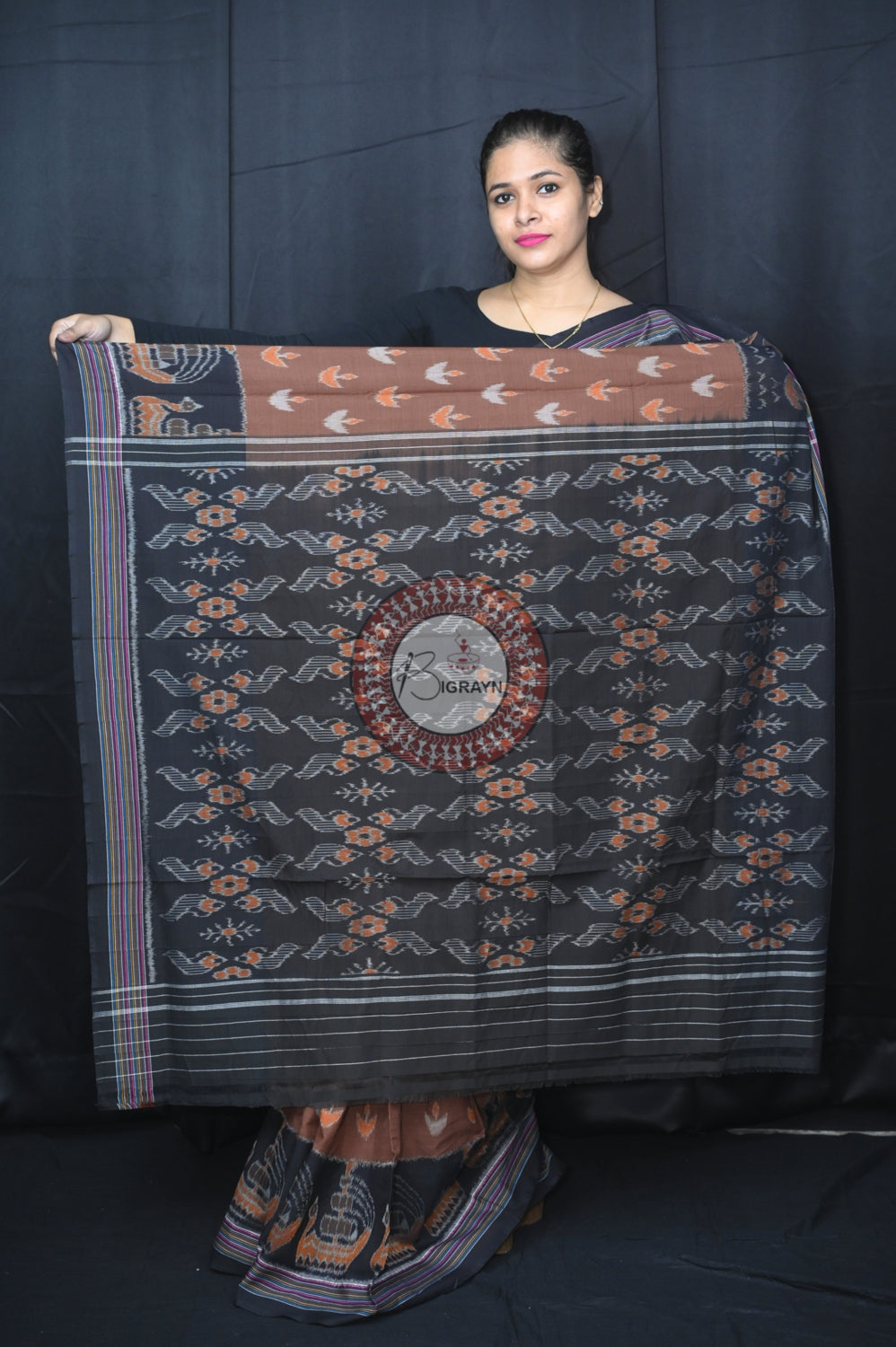Chocolate Brown Black Boita Khandua Cotton Saree