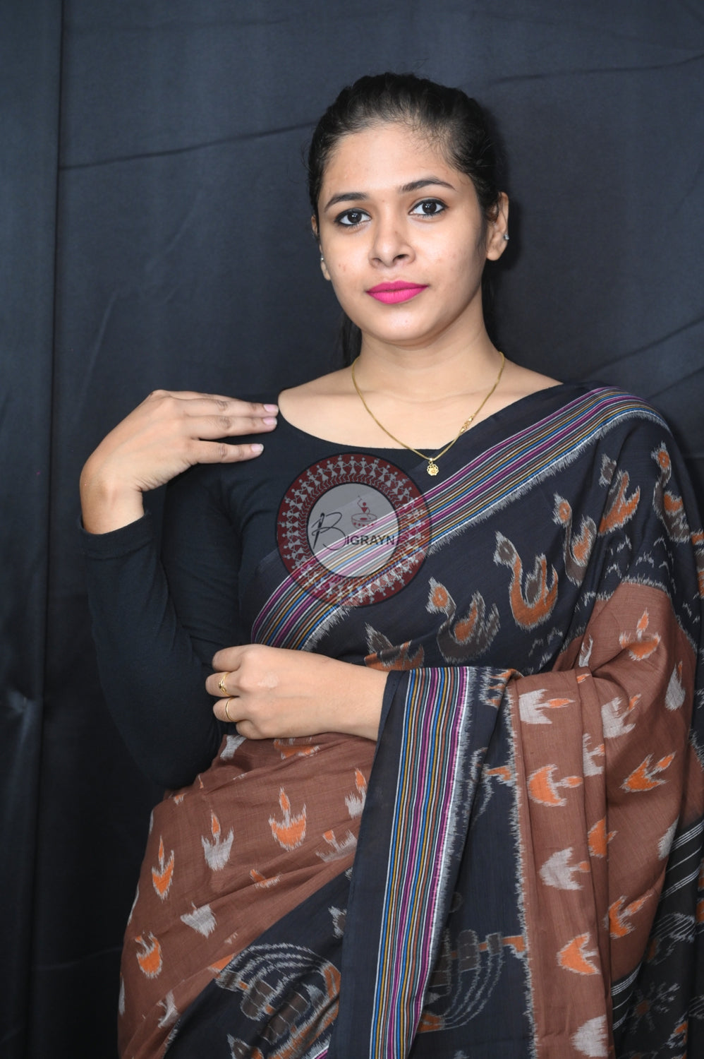 Chocolate Brown Black Boita Khandua Cotton Saree