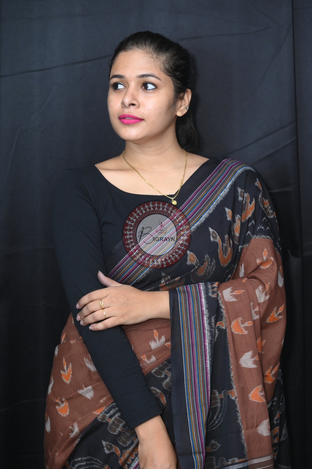 Chocolate Brown Black Boita Khandua Cotton Saree