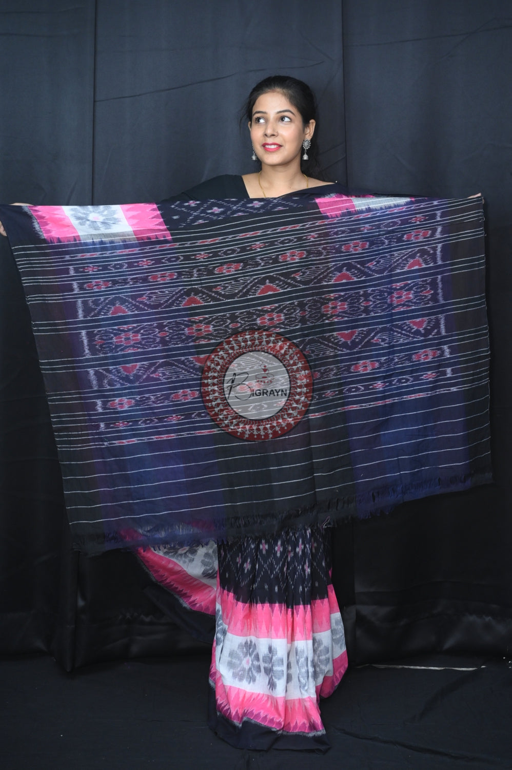 Pink White Black 7D Khandua Cotton Saree