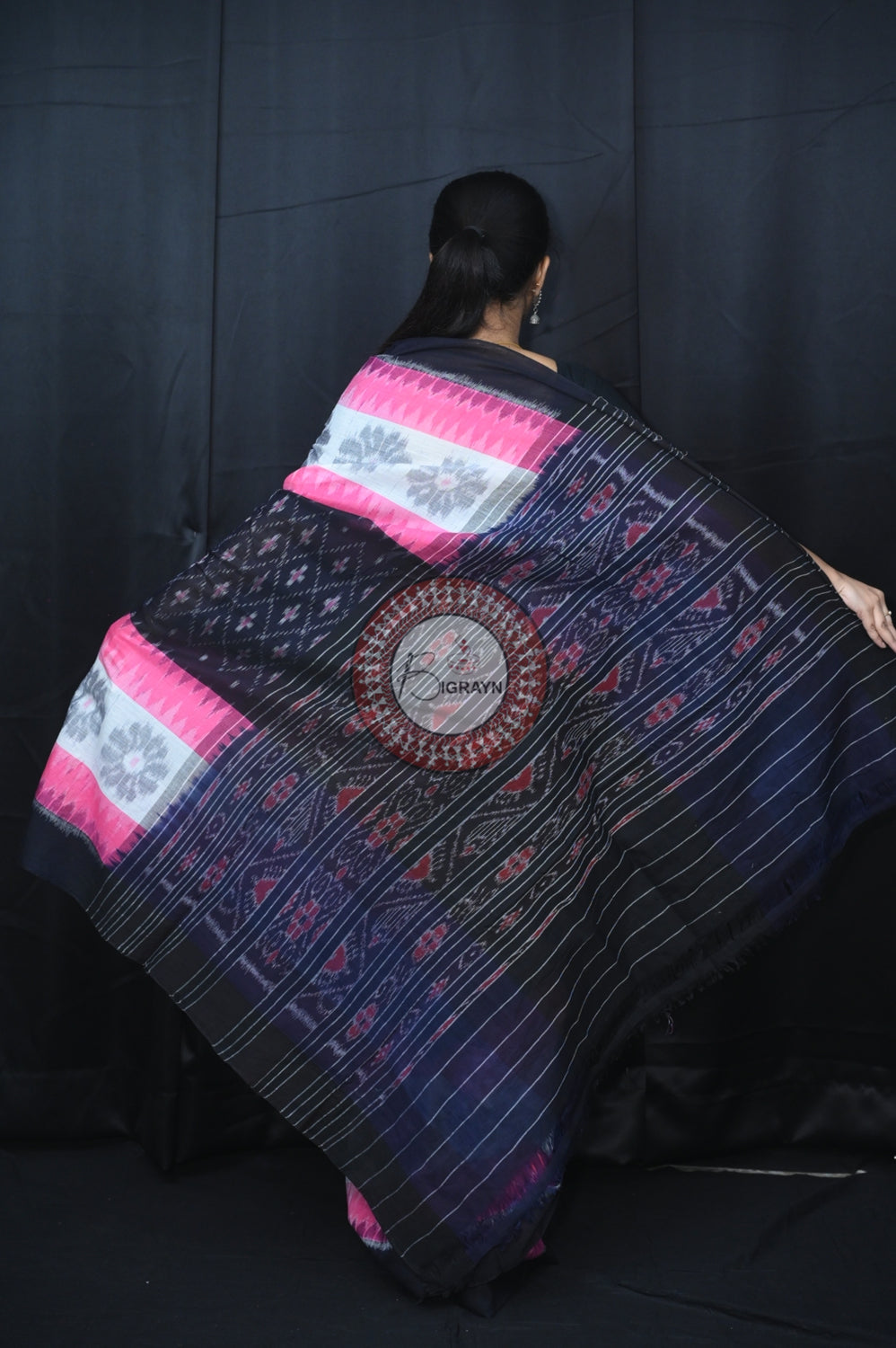 Pink White Black 7D Khandua Cotton Saree
