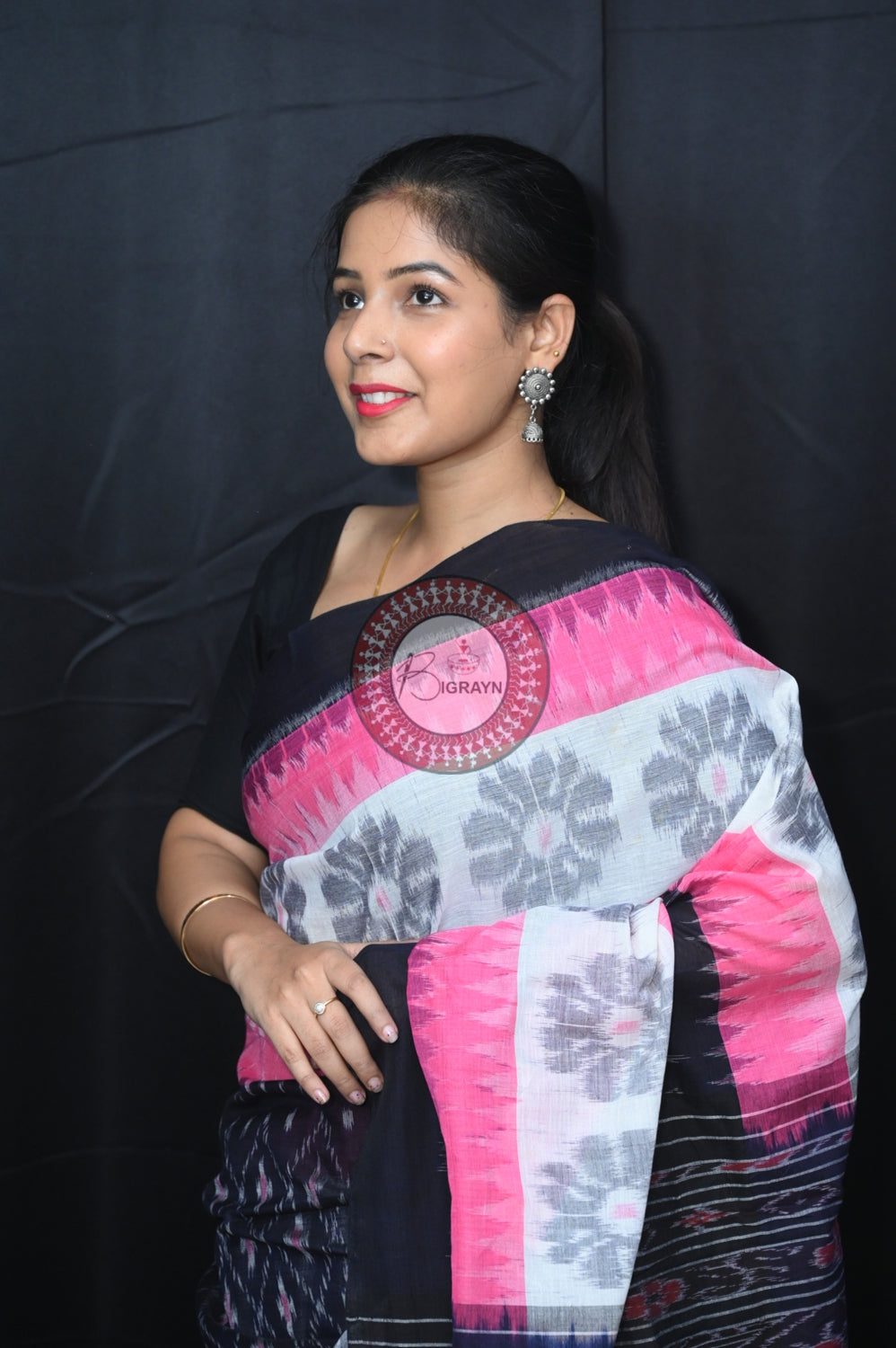 Pink White Black 7D Khandua Cotton Saree